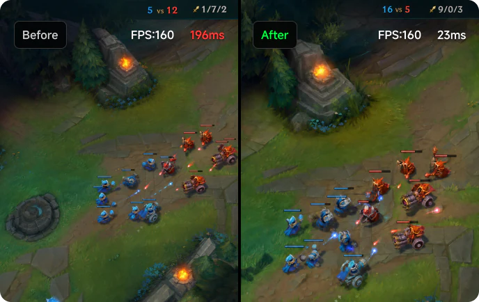 Before and after LagZapper boost showing lower ping and smoother gameplay