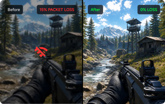 Before and after LagZapper boost showing packet loss fixed for smoother FPS gameplay
