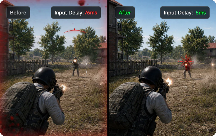 Before and after LagZapper boost showing reduced input lag for faster in-game reactions