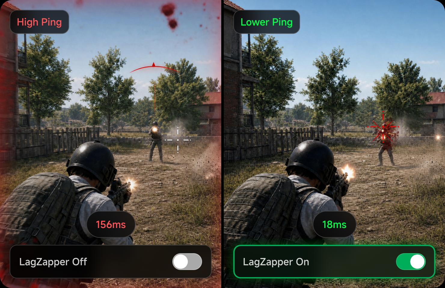 Before and after using LagZapper, game ping drops from 156ms to 18ms
