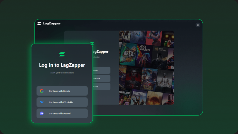 LagZapper sign-in screen with Google, VKontakte, and Discord options