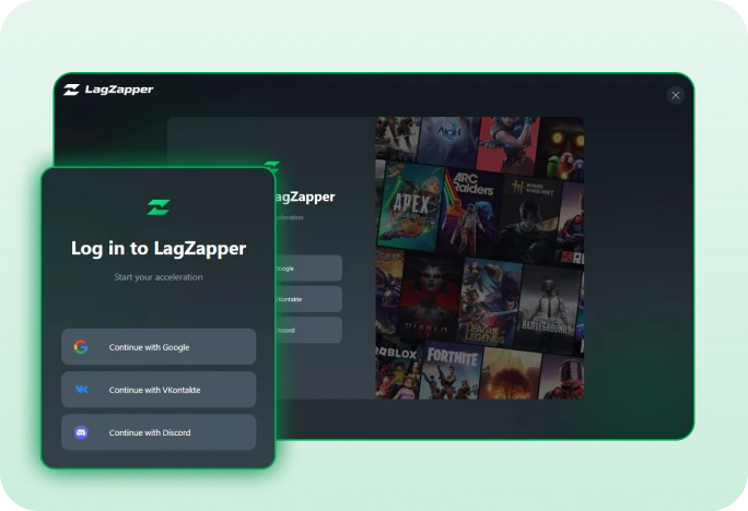 LagZapper sign-in screen with Google, VKontakte, and Discord options