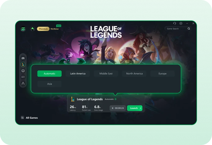 LagZapper server selection and game boost screen